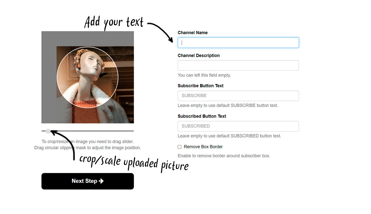 instruction: step 3. add your text to subscribe button like overlay